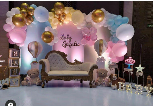 Royal Baby Shower Decoration – Sofa Setup with Balloon Arch - PARTYFOXX 