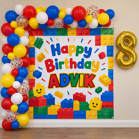 Building block birthday decoration kit with square flex banner, balloons and foil age number