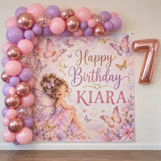 Fairy birthday decoration kit with square flex banner, balloons and foil age number