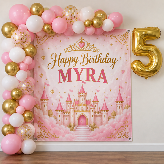 Fairy tale castle birthday decoration kit with square flex banner, balloons and foil age number