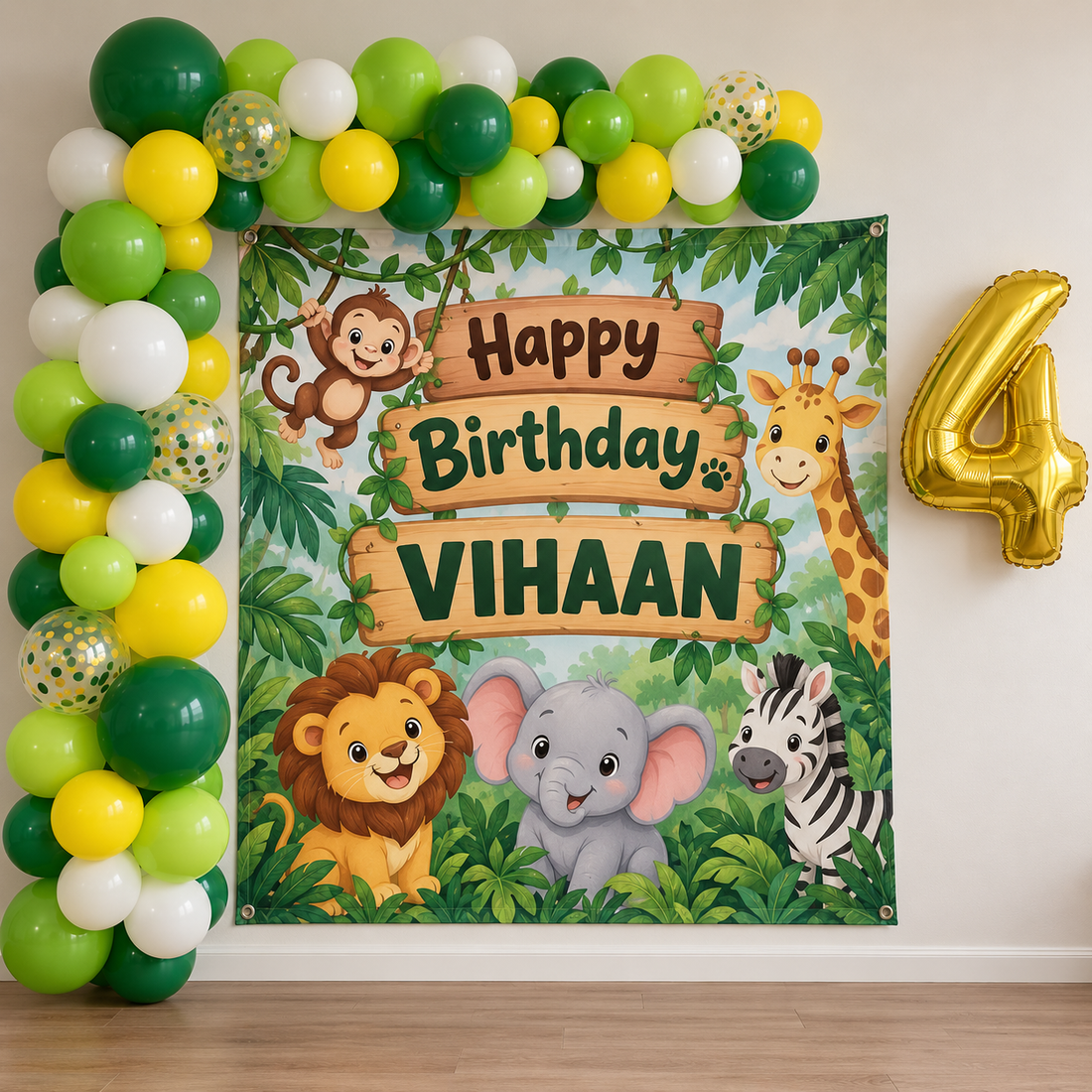 Jungle birthday decoration kit with square flex banner, balloons and foil age number