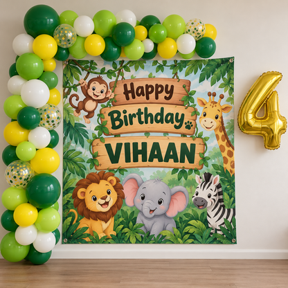 Jungle birthday decoration kit with square flex banner, balloons and foil age number