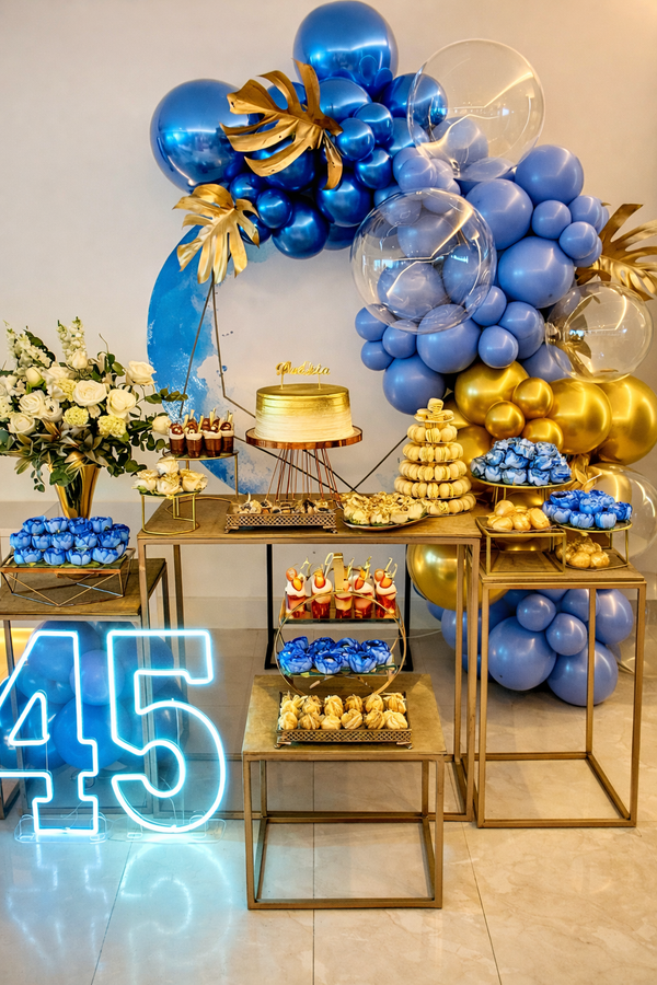 Luxury Blue & Gold Balloon Dessert Table Decoration - PARTYFOXX 